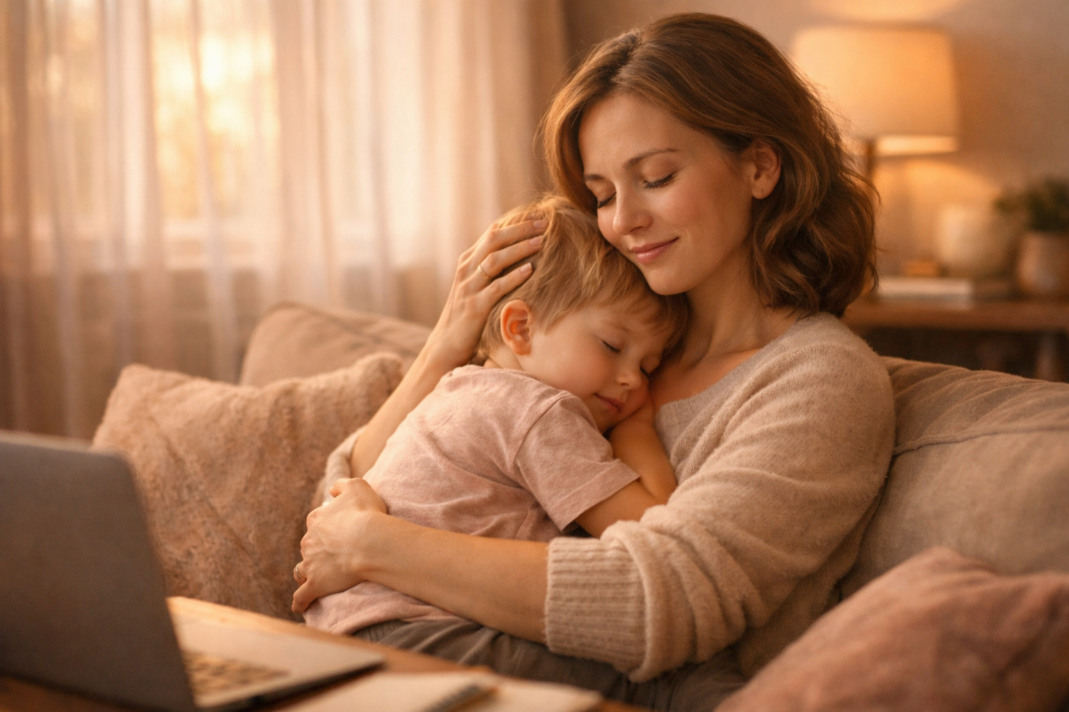 Mother embracing her child in warm light