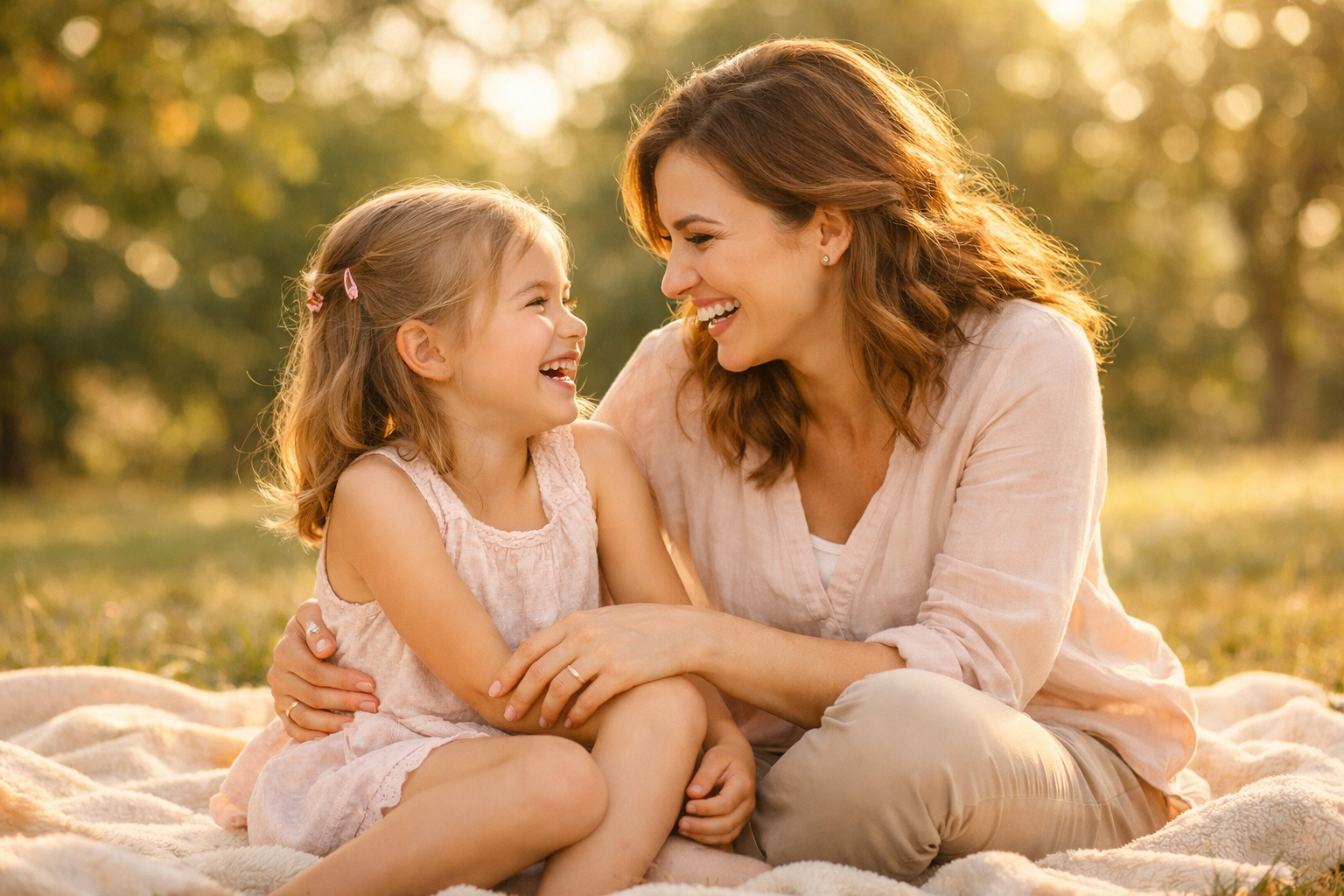 Mother and daughter laughing together in a sunlit park