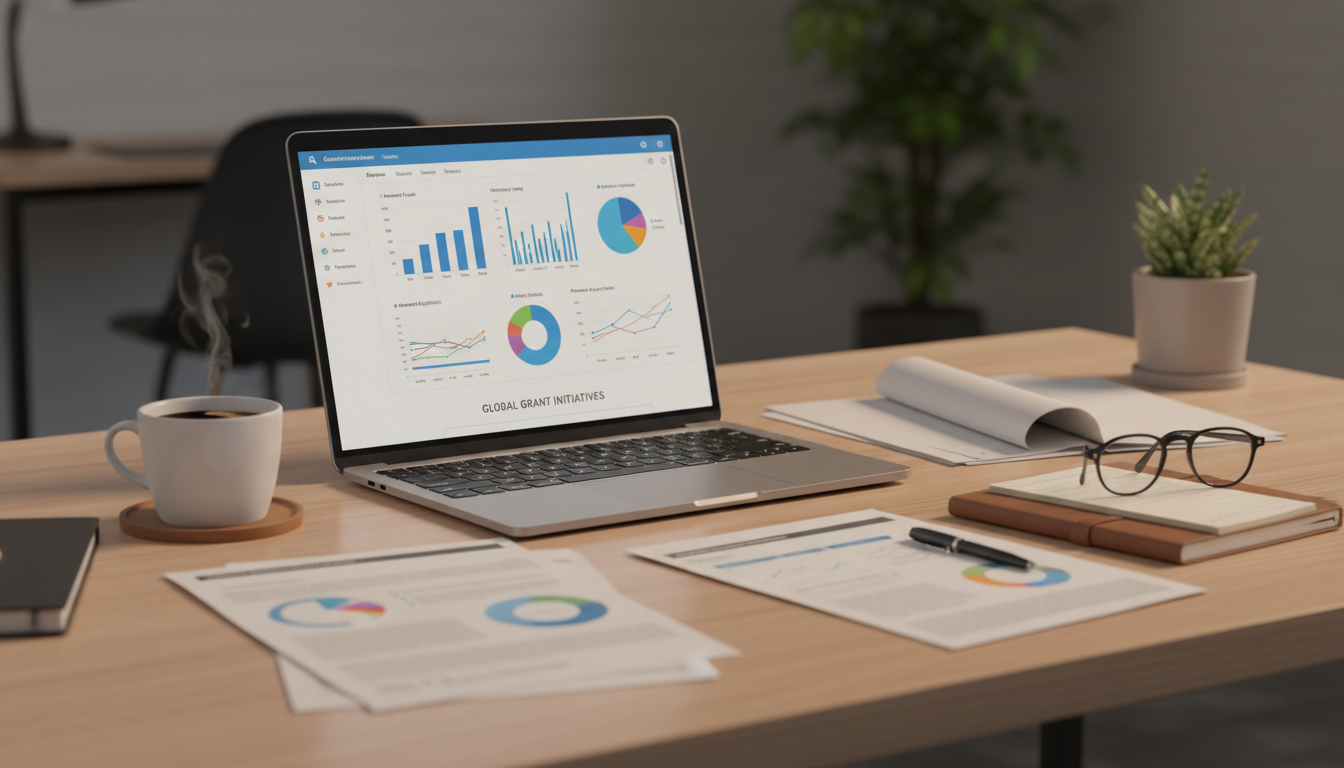 Best grant research tools displayed on a professional workspace with laptop and documents
