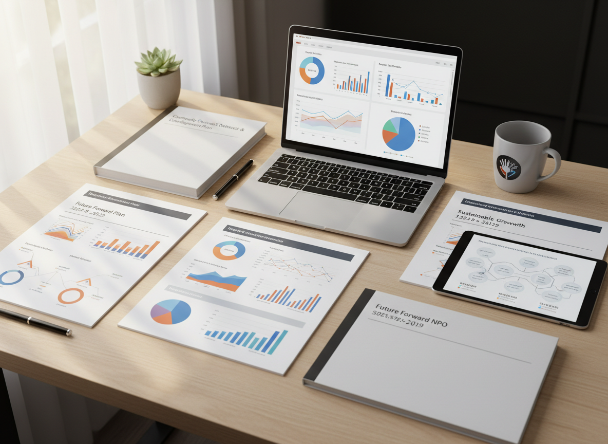 Professional strategy documents, business plans, and consulting deliverables on a desk