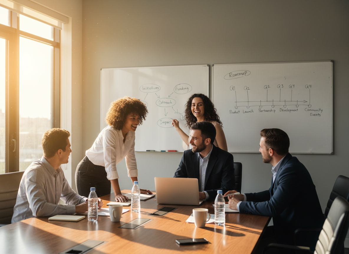 Nonprofit team collaborating on organizational strategy with whiteboards and strategic roadmaps