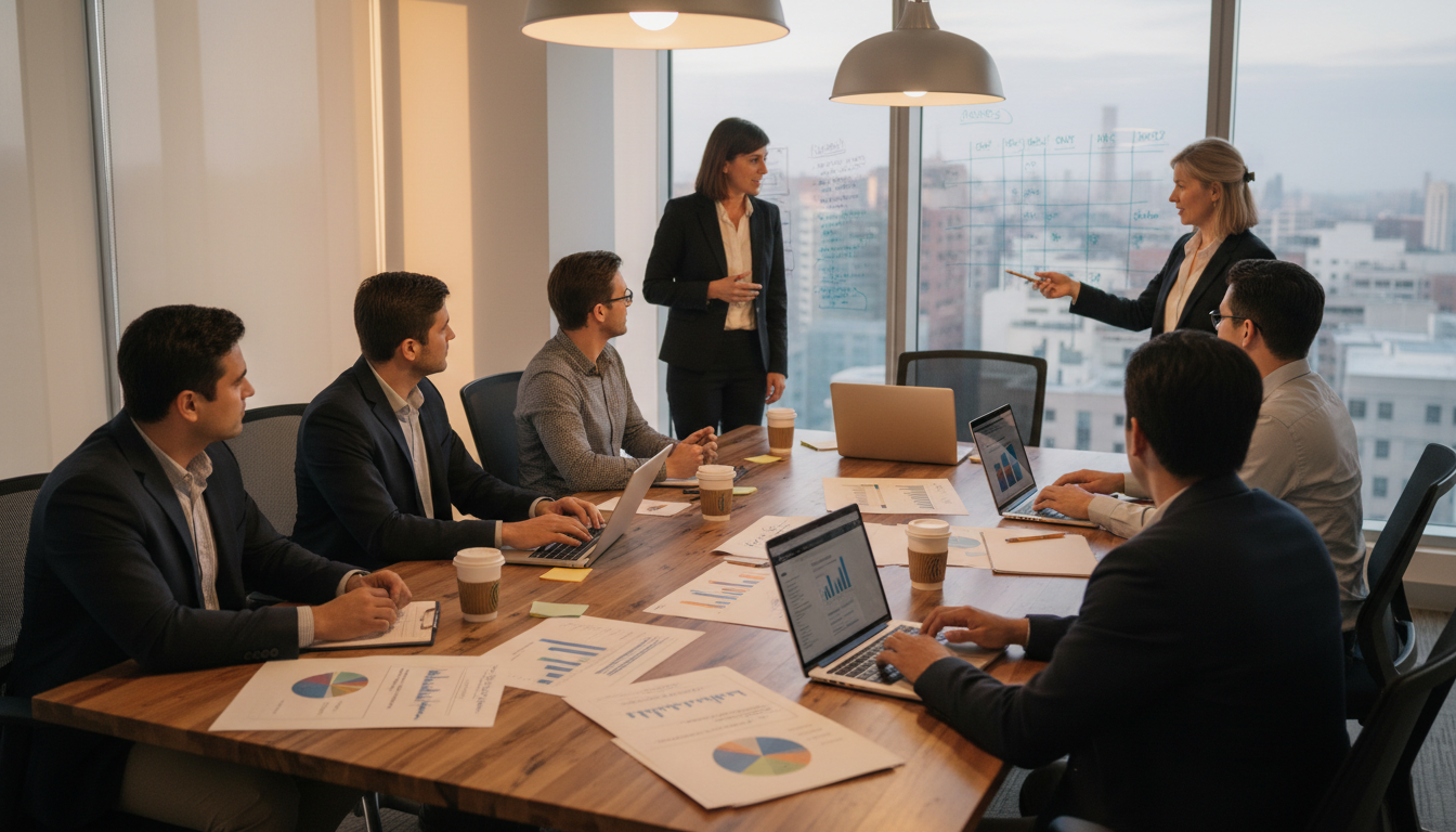 Strategic planning session with nonprofit leaders collaborating in a modern conference room