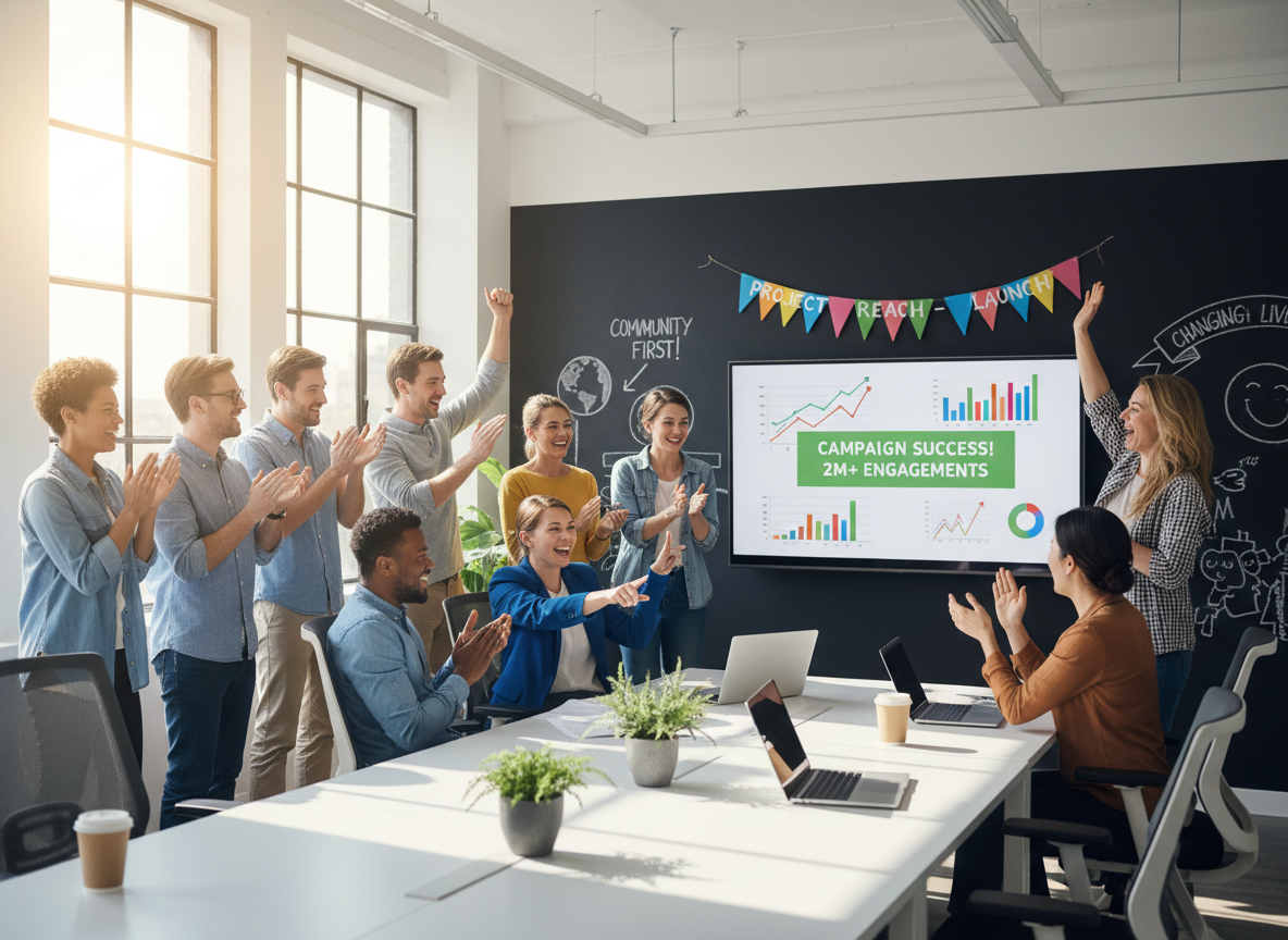Nonprofit team celebrating successful marketing campaign with positive engagement results