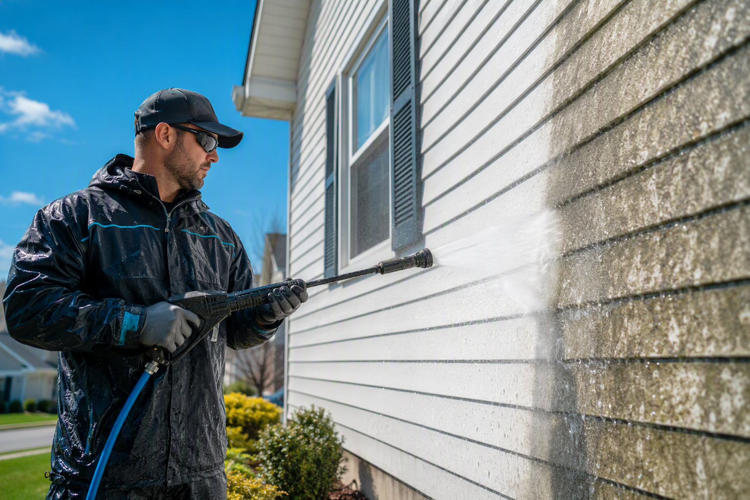 Power washing the exterior siding of a house