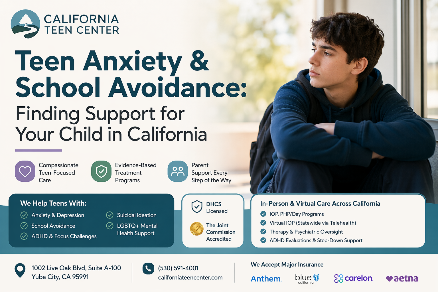 Teenager with backpack looking overwhelmed, symbolizing teen anxiety and school avoidance