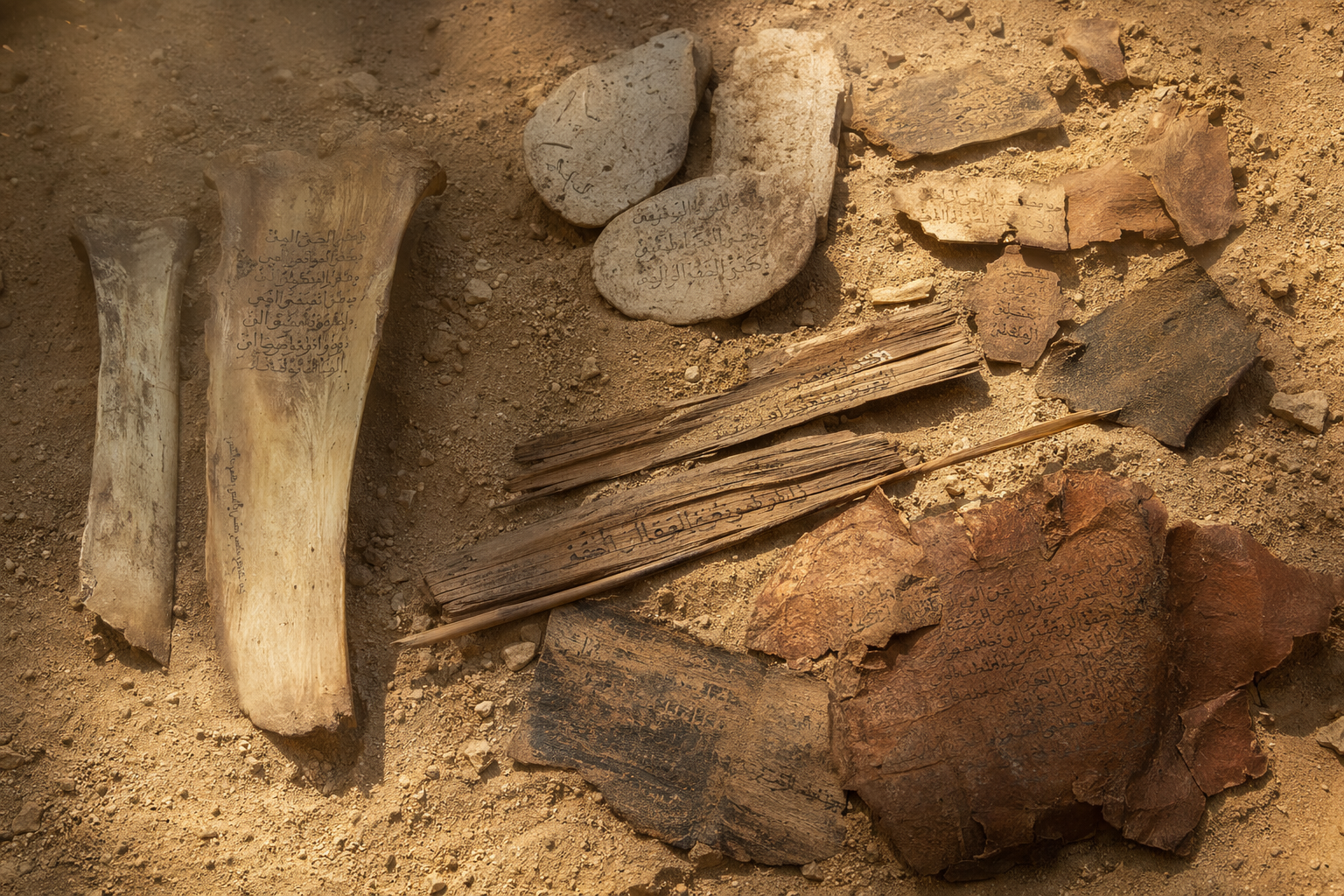 Ancient writing materials: bones, palm leaves, leather and stones with Quranic text