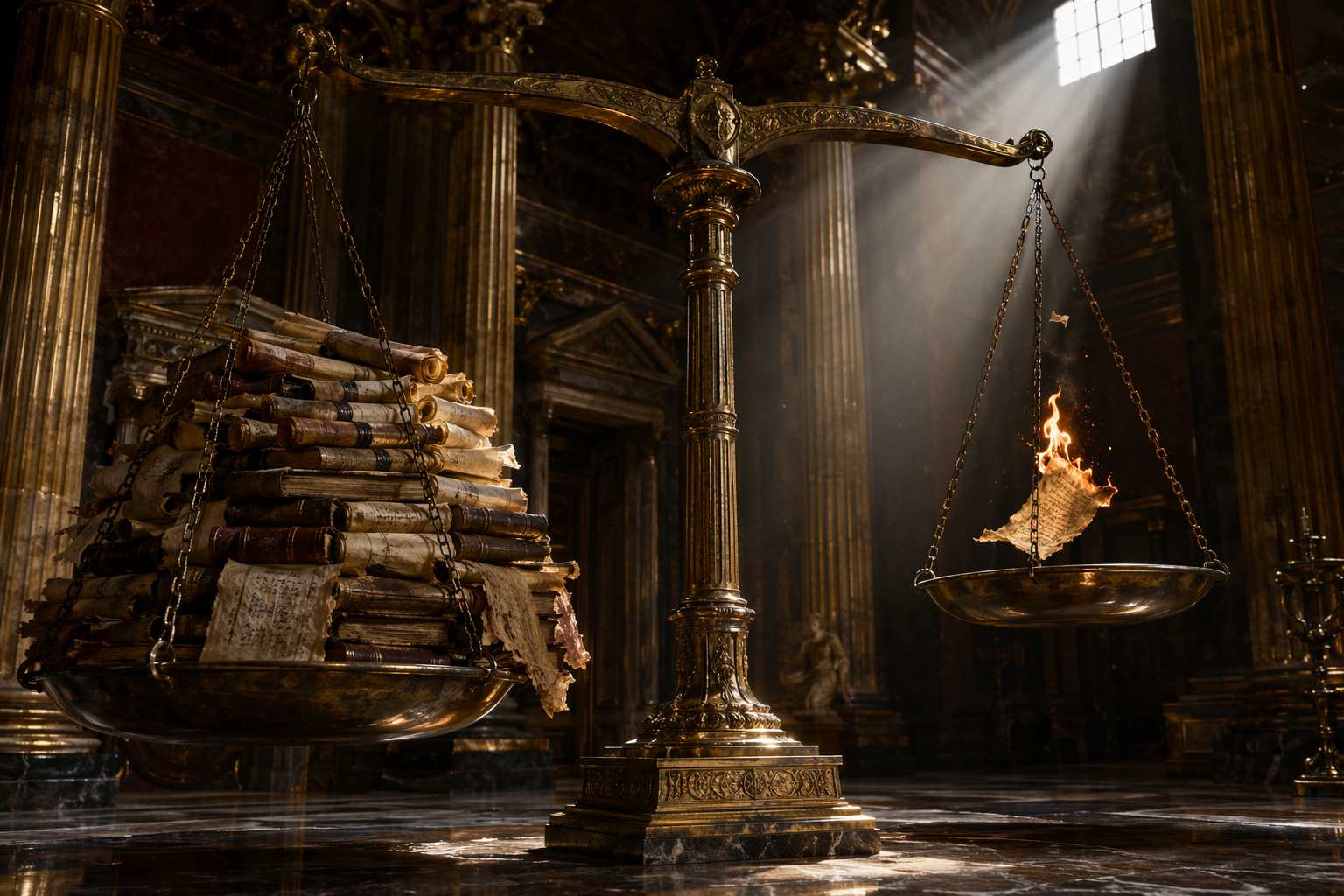Balance scales weighing stacks of manuscripts against a single burning page