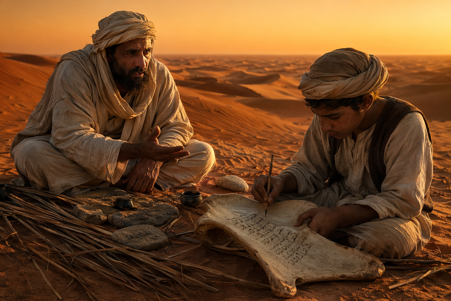 Muhammad dictates in the desert while a scribe writes on shoulder bones and palm leaves — he cannot verify a single word