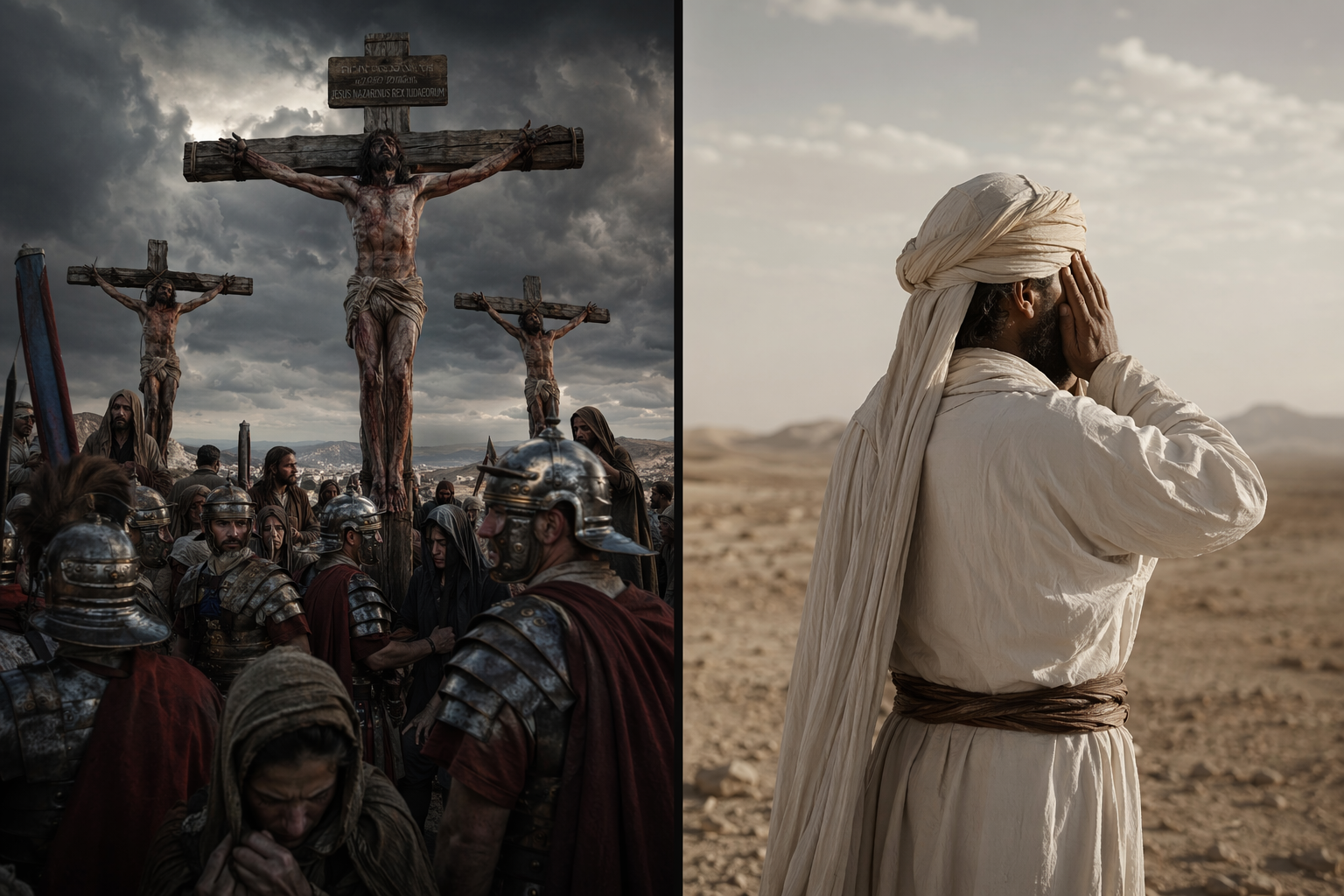 Split scene: Jesus on the cross with witnesses vs a lone man denying it 600 years later