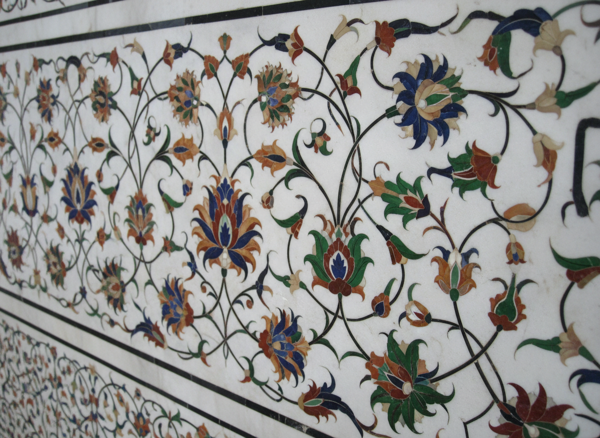 Intricate marble inlay work (pietra dura) on the Taj Mahal