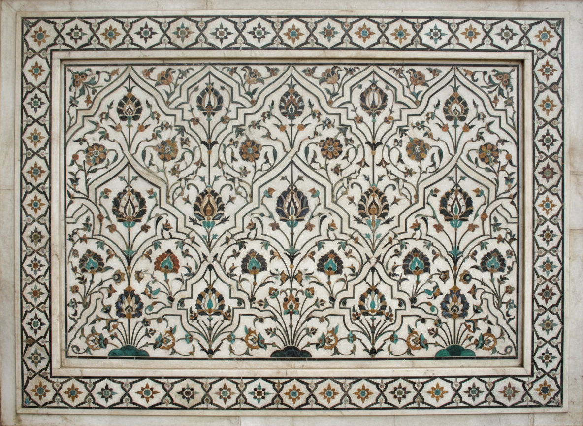 Intricate marble inlay and floral carvings at Red Fort