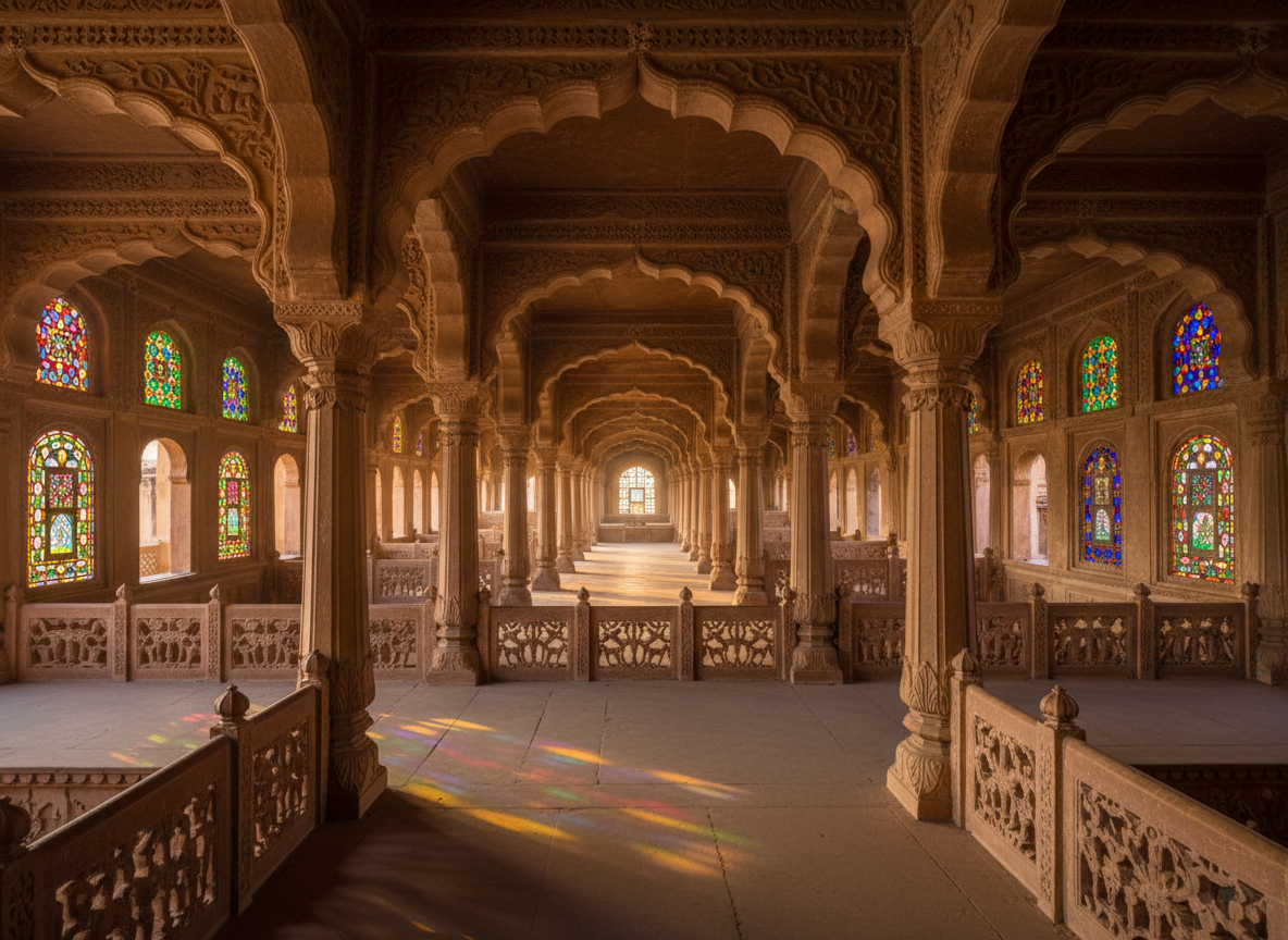 Interior corridors and arched windows of Hawa Mahal