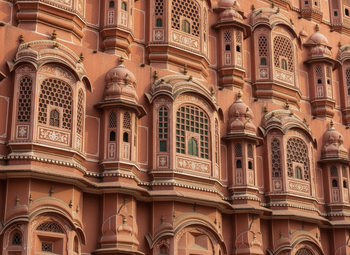Intricate honeycomb lattice windows (jharokhas) of Hawa Mahal