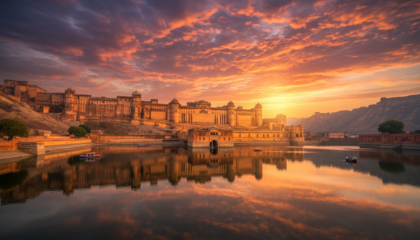 Amber Fort at sunset with Maota Lake