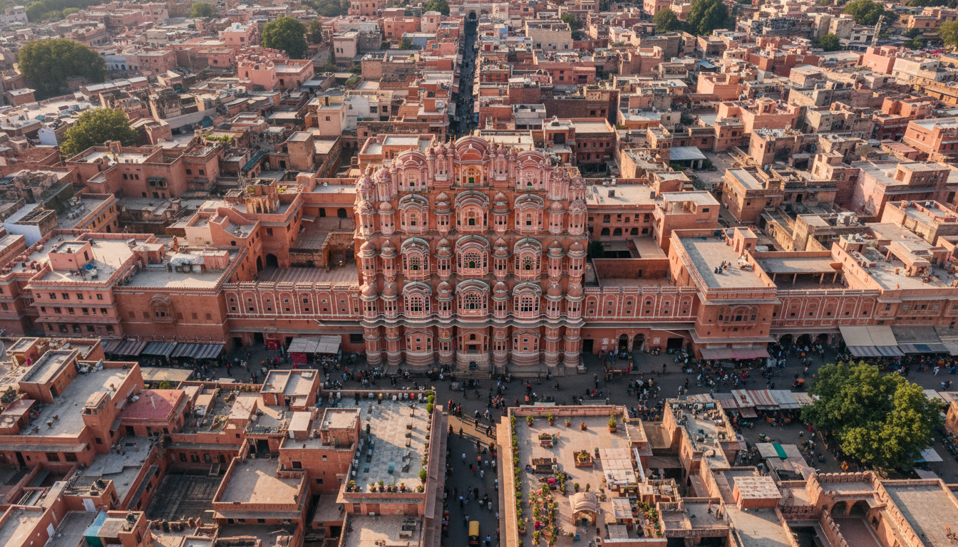 Aerial view of the Hawa Mahal and Pink City