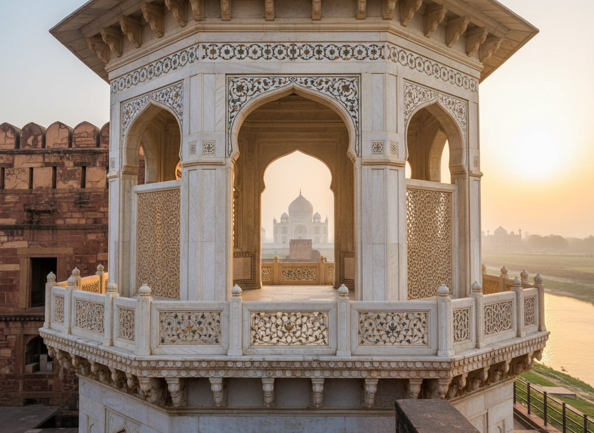Musamman Burj octagonal tower with marble inlay at Agra Fort