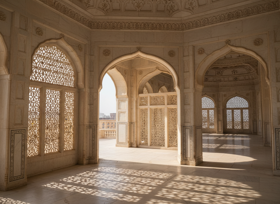 Khas Mahal interior with marble screens and arches at Agra Fort