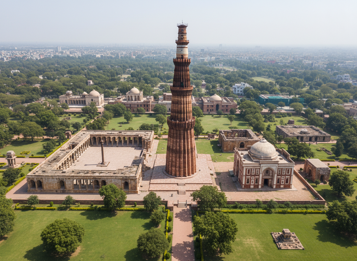 Aerial view of the Qutub Minar complex