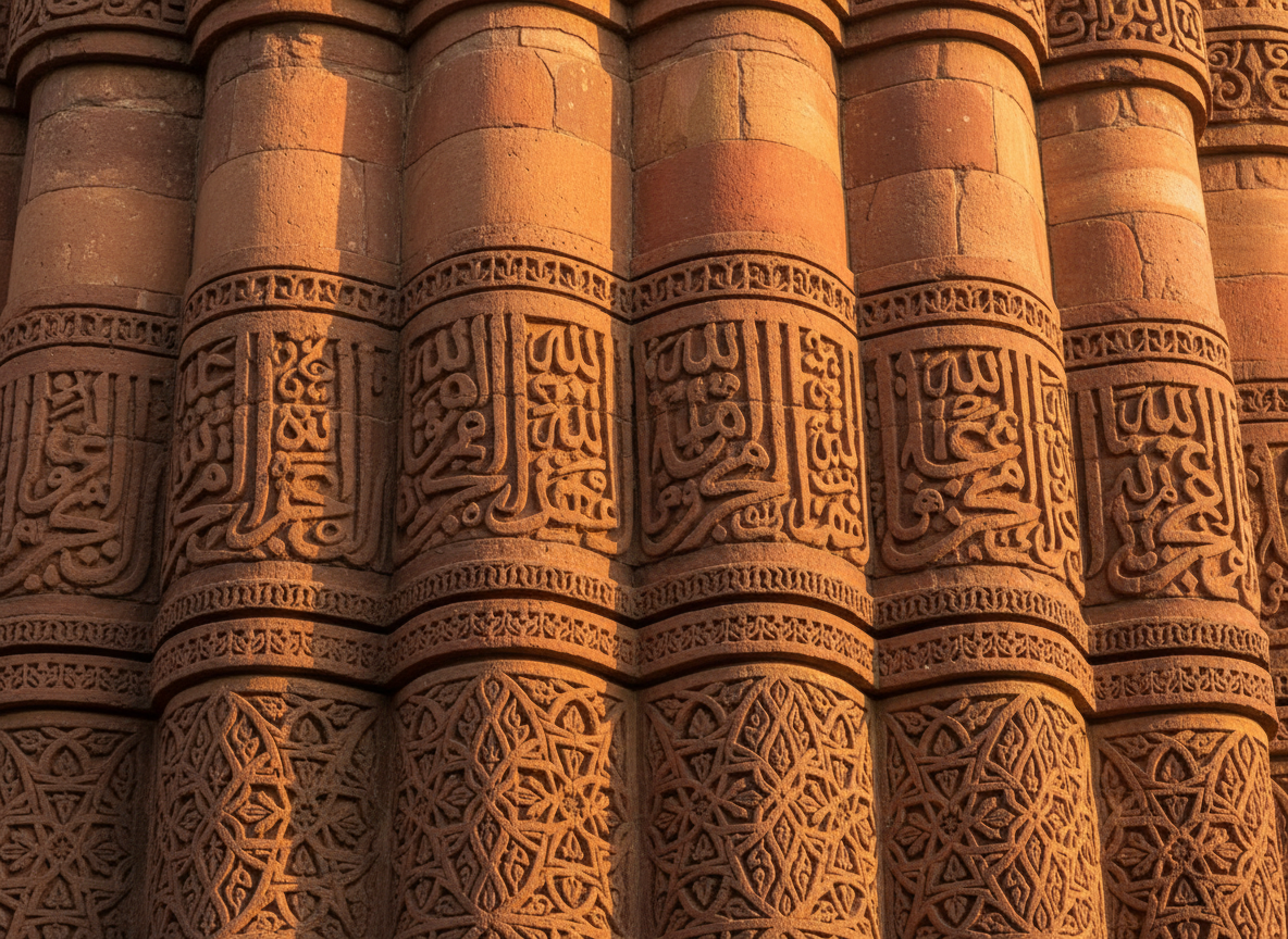 Intricate carved Arabic inscriptions and geometric patterns on Qutub Minar