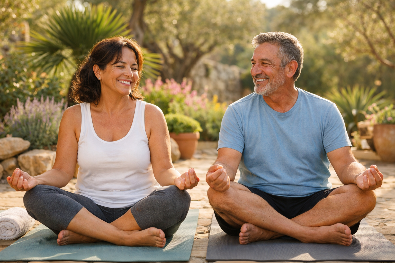Pareja activa practicando yoga al aire libre