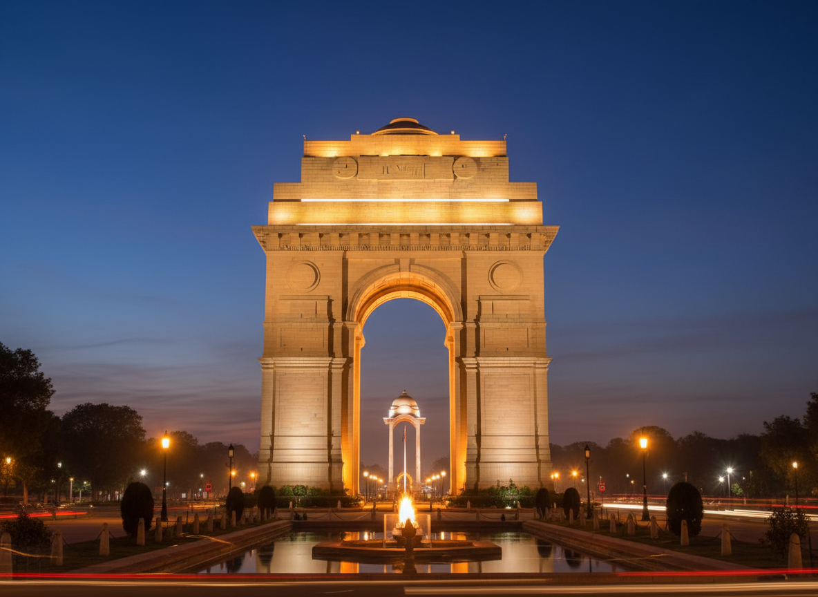 India Gate illuminated at night with Amar Jawan Jyoti