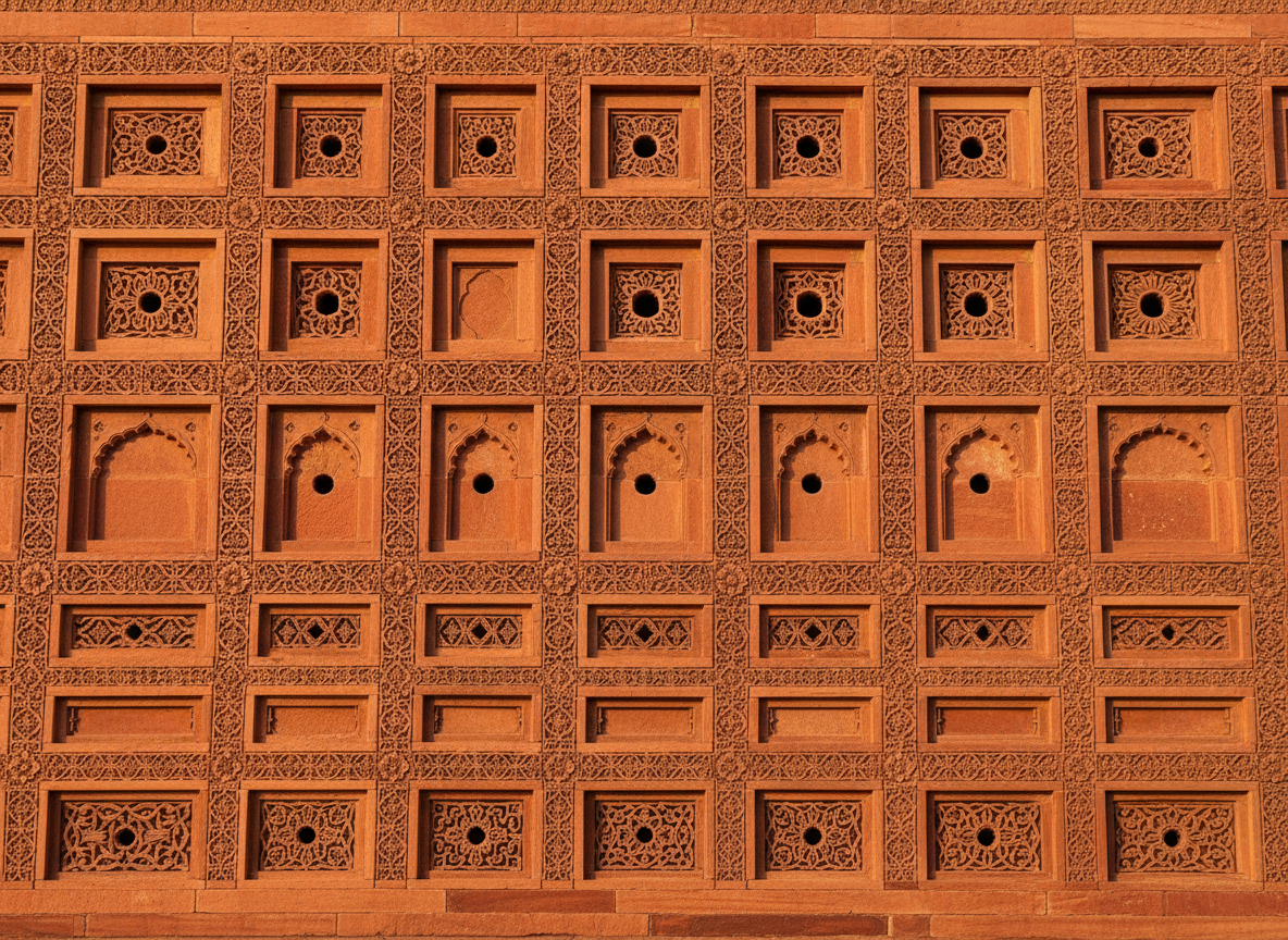 Intricate carved red sandstone details at Fatehpur Sikri
