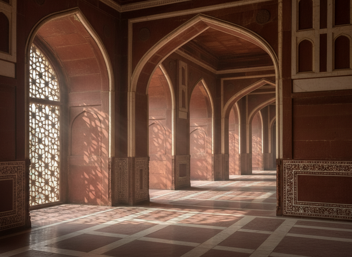 Interior corridor of Humayun's Tomb with ornate arched doorways