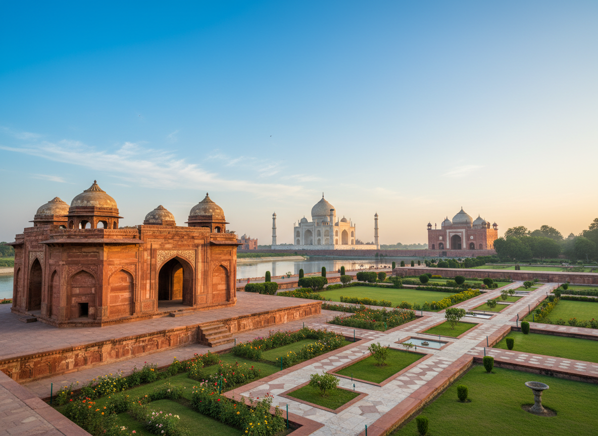 Mehtab Bagh garden ruins with Taj Mahal in background
