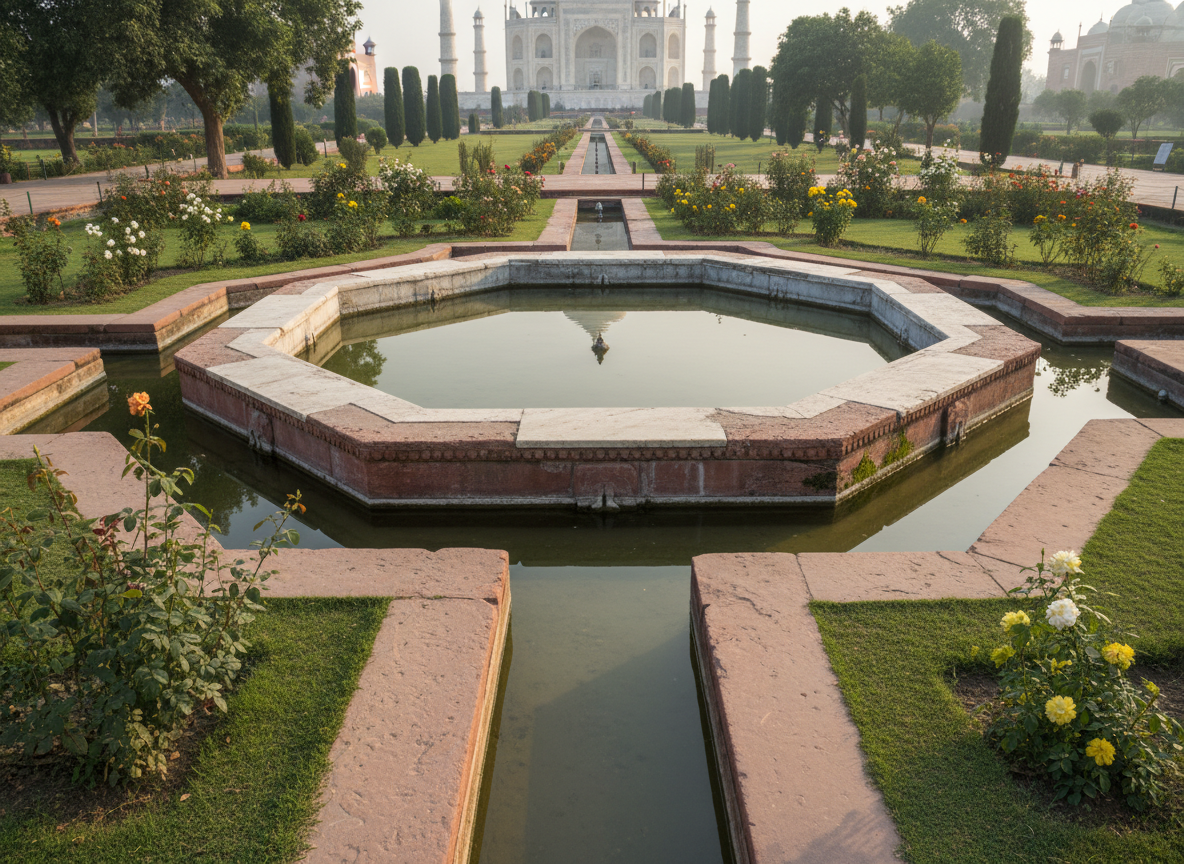 Restored octagonal pool and water channels in Mehtab Bagh