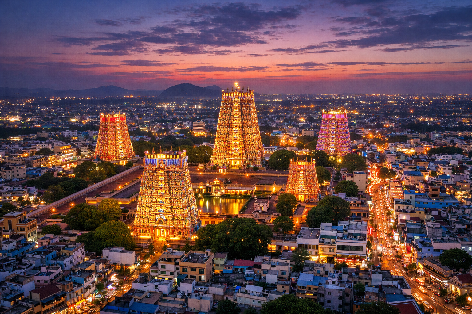 Madurai City at Dusk with Meenakshi Temple