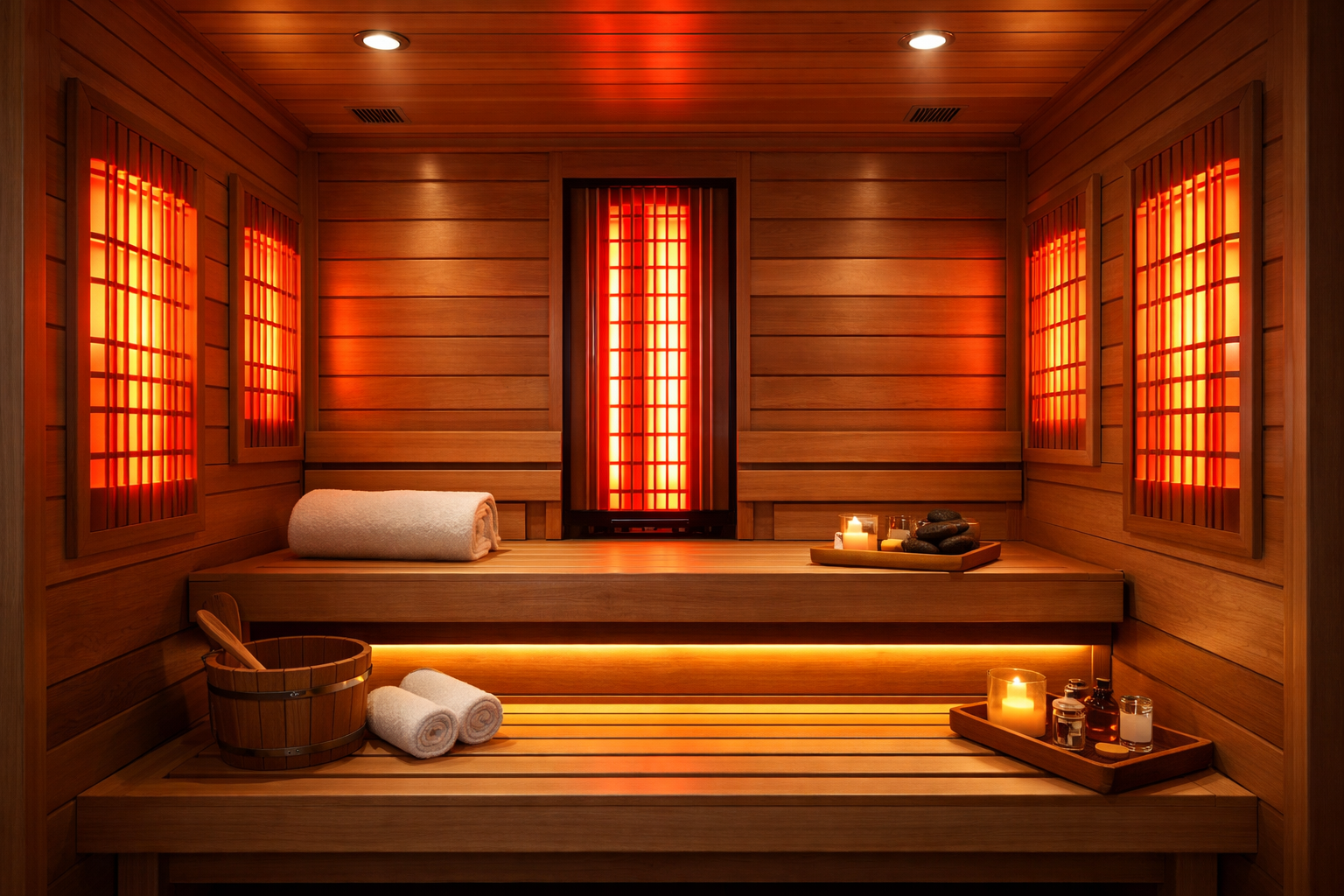 Infrared sauna therapy cabin with warm amber glow