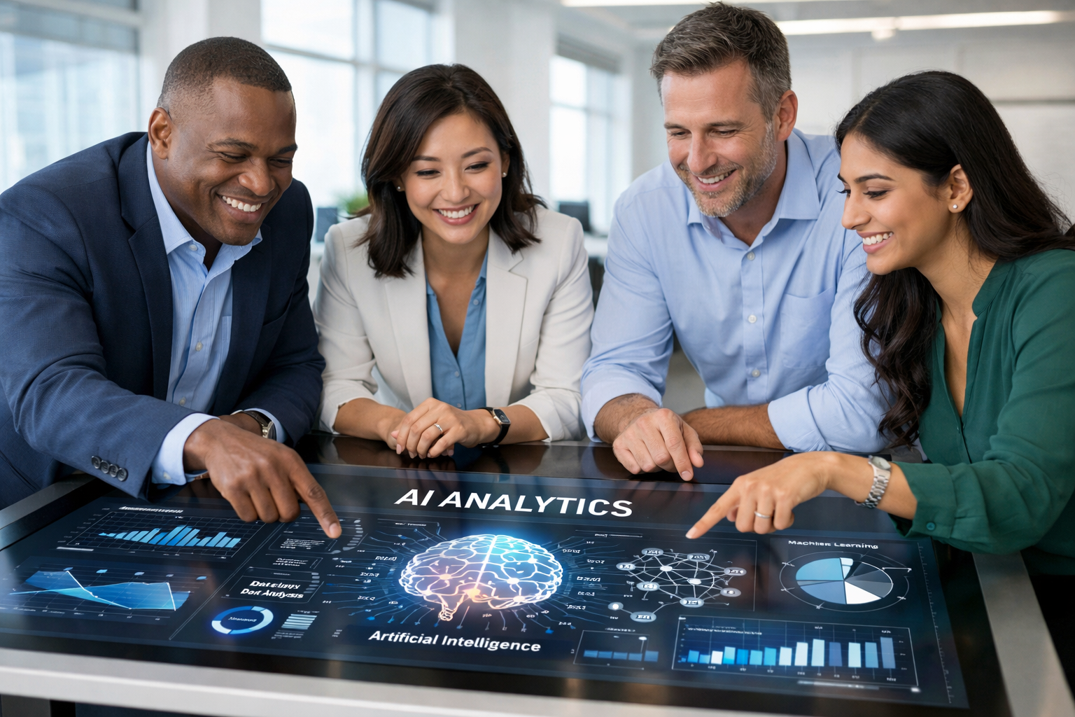 Consulting team collaborating around touchscreen