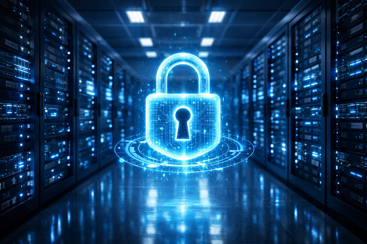 Secure server room with blue LED racks