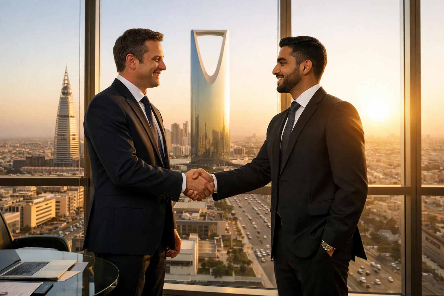 Business professionals shaking hands in Riyadh office