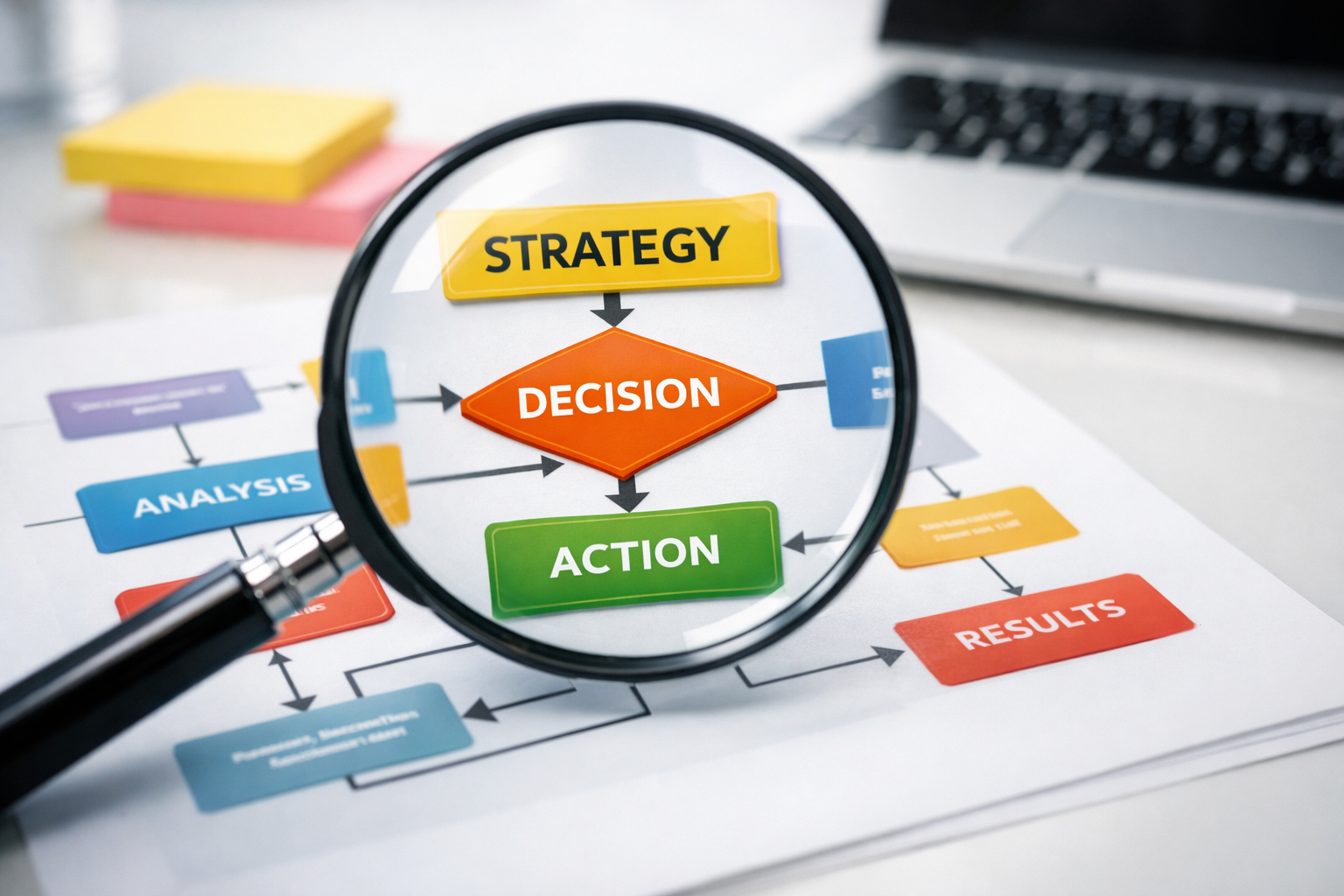 Business analysis with magnifying glass over flowcharts