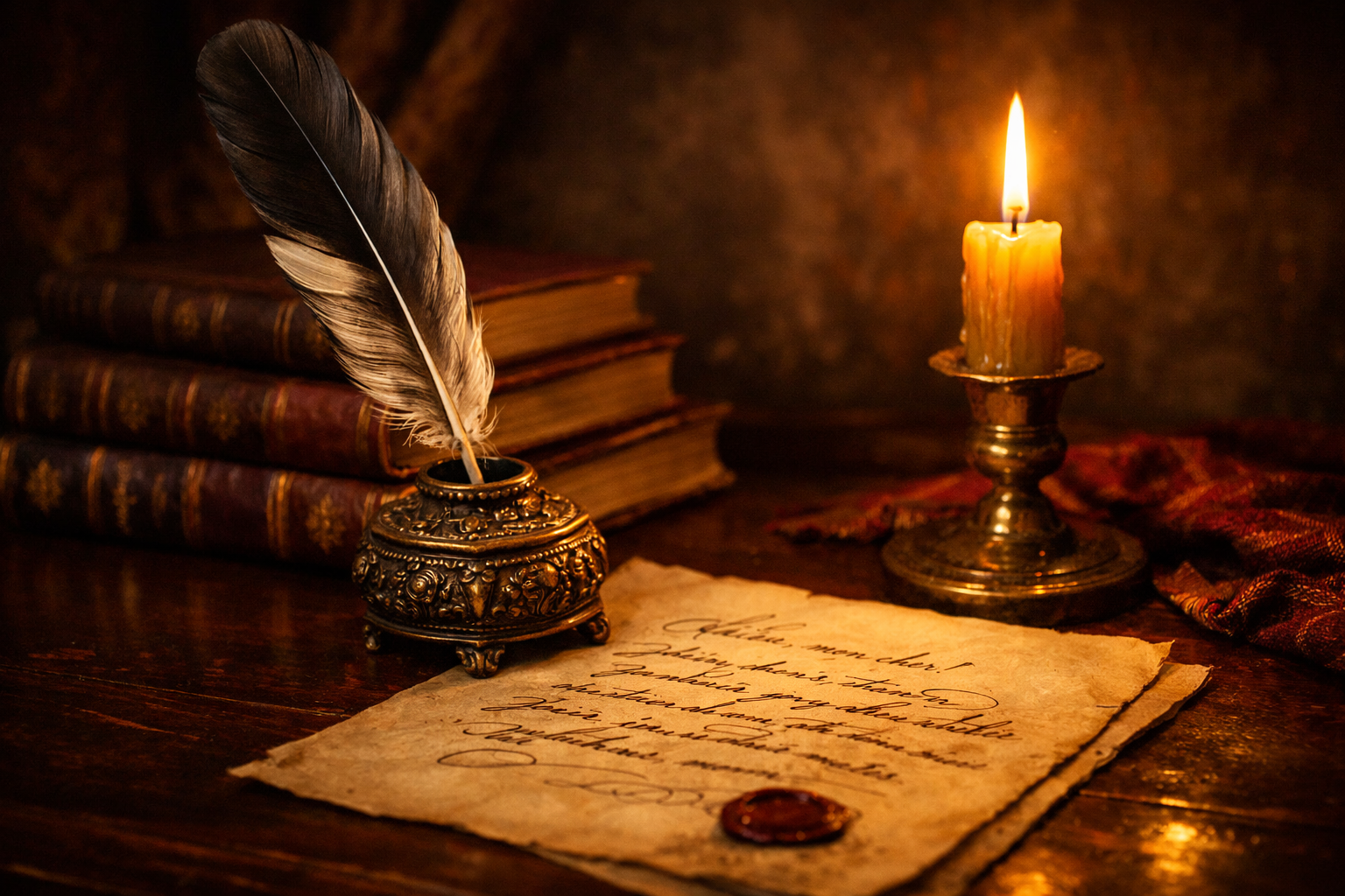 Writing desk with quill and ink