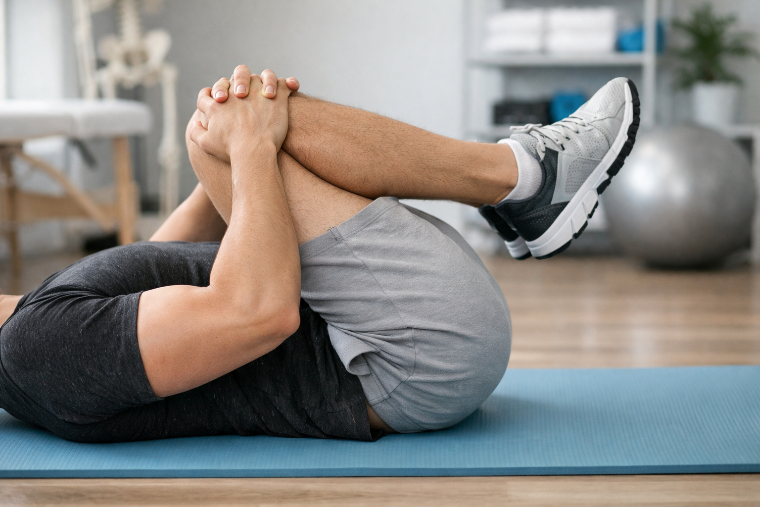 Person performing lower back stretching exercises on a yoga mat