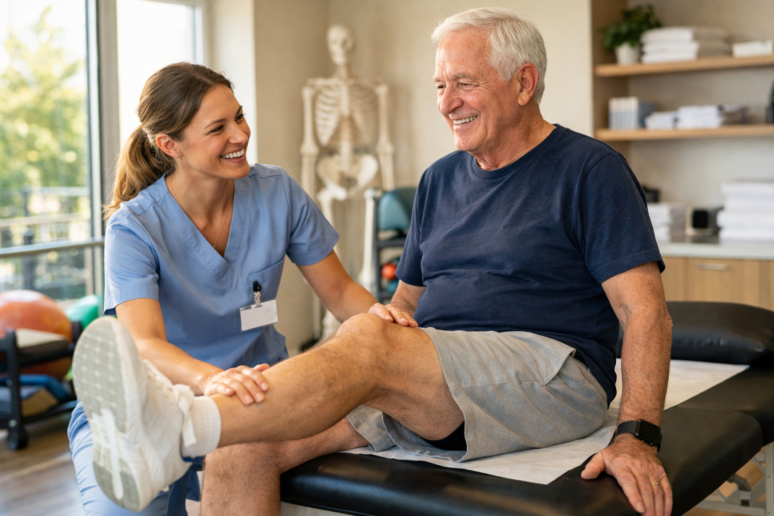 Therapist guiding senior patient through knee rehabilitation exercises