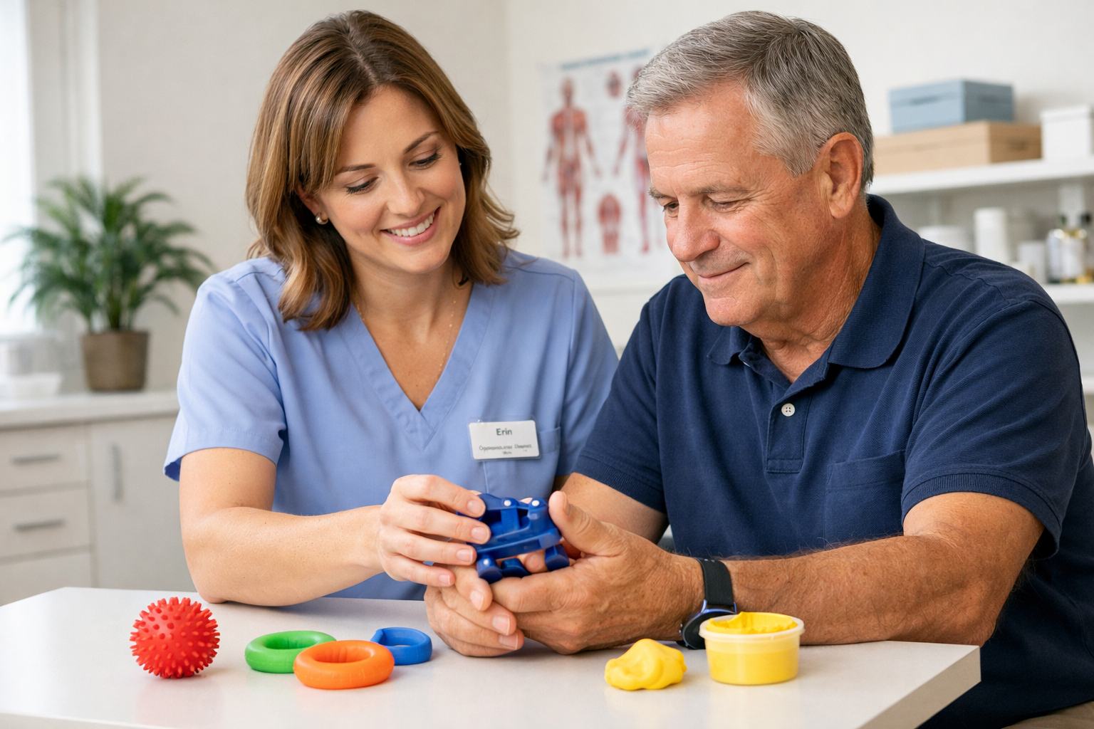 Occupational therapist helping patient with hand and wrist exercises