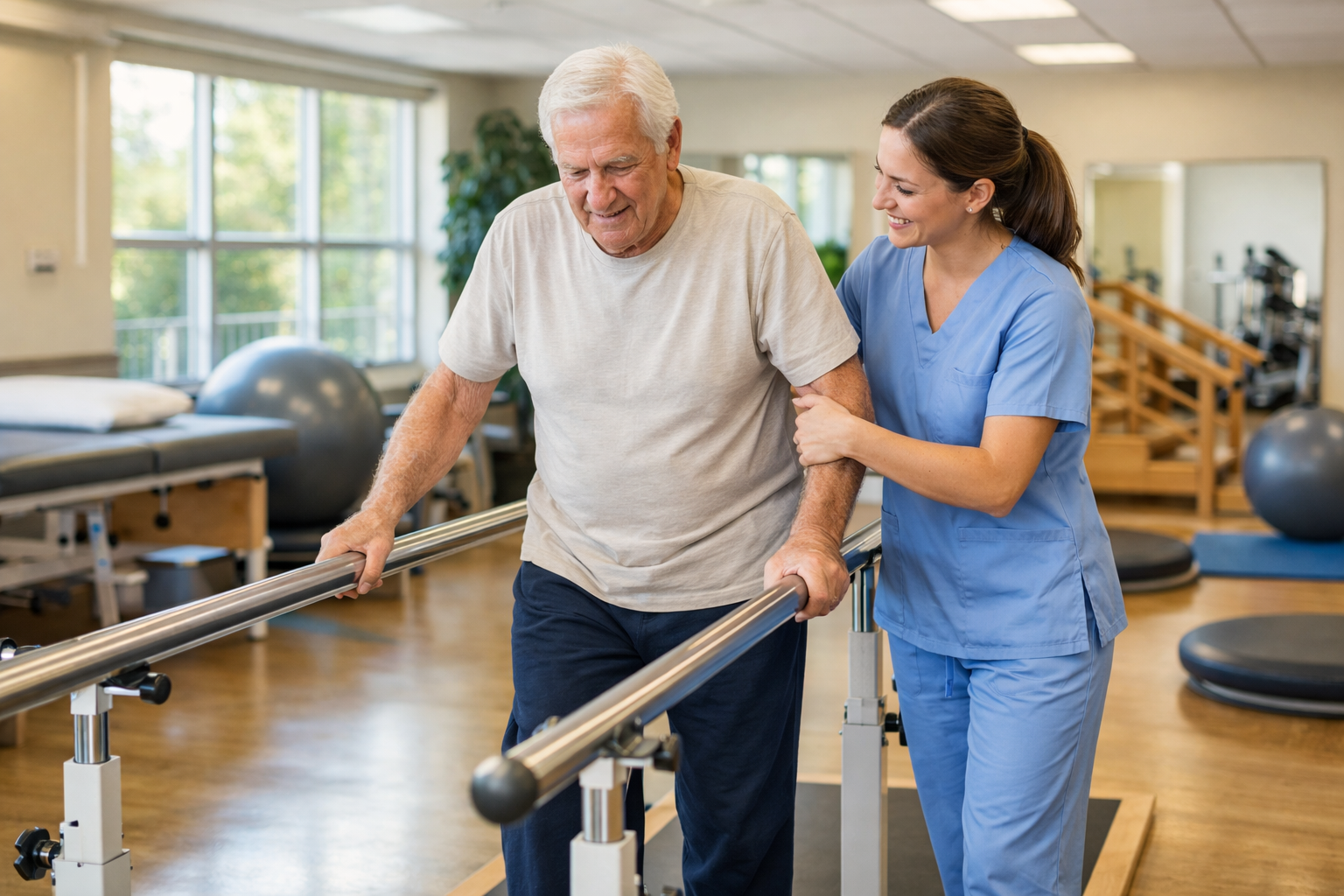 Elderly person walking with parallel bars assisted by physical therapist