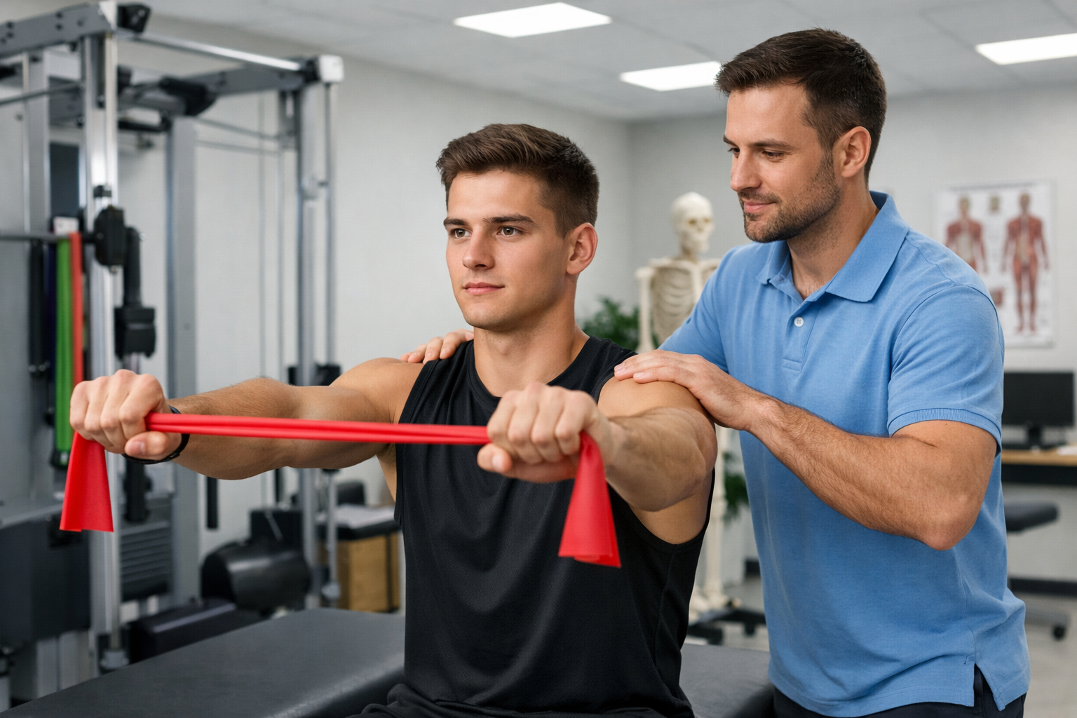 Athlete doing shoulder rehabilitation with resistance bands