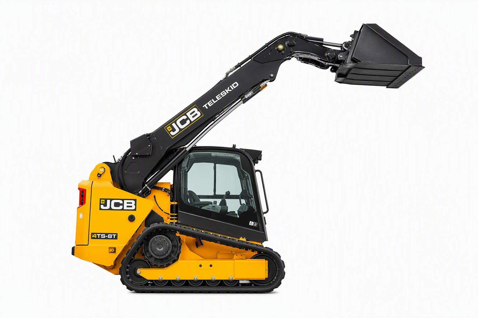 JCB 4TS-8T TeleSkid compact track loader with telescopic boom raised to 15-foot lift height