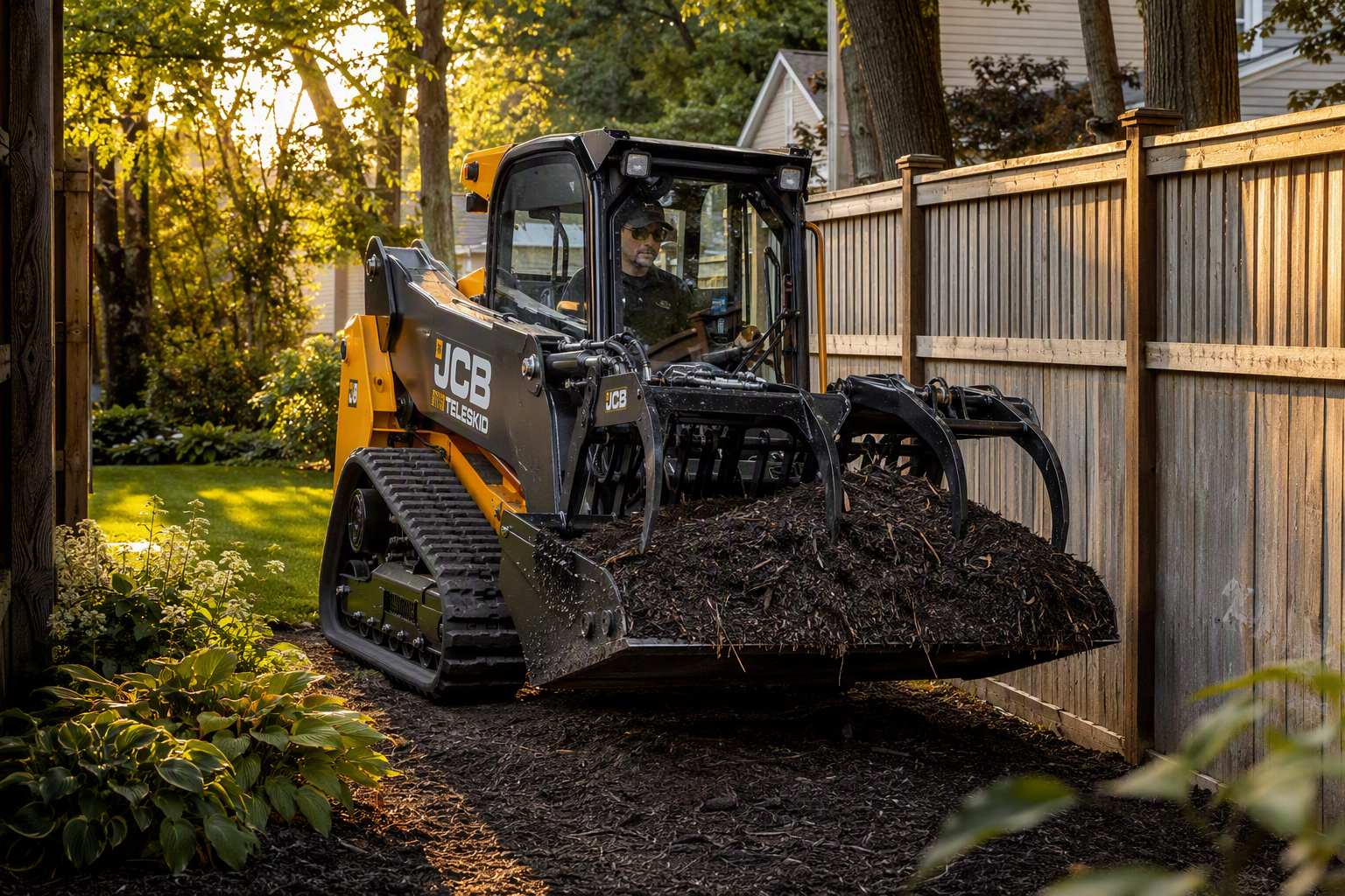 JCB 2TS-7T compact TeleSkid tracked loader with telescopic boom working in a narrow landscaping access area