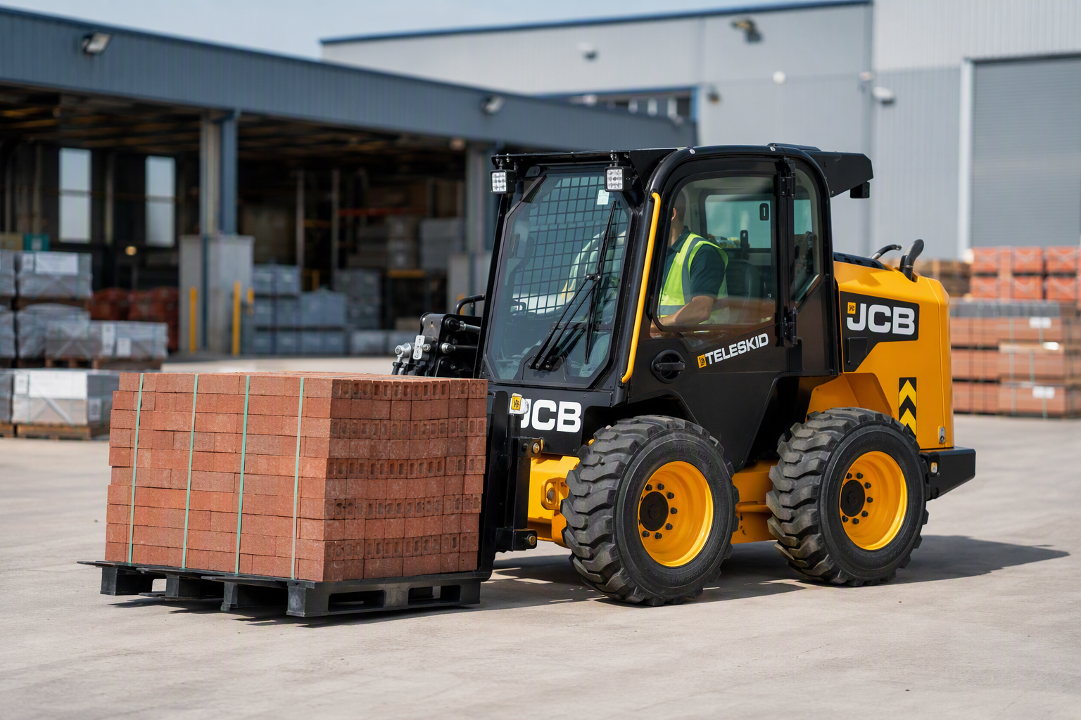 JCB 3TS-8W wheeled TeleSkid carrying pallet forks with bricks across a paved yard