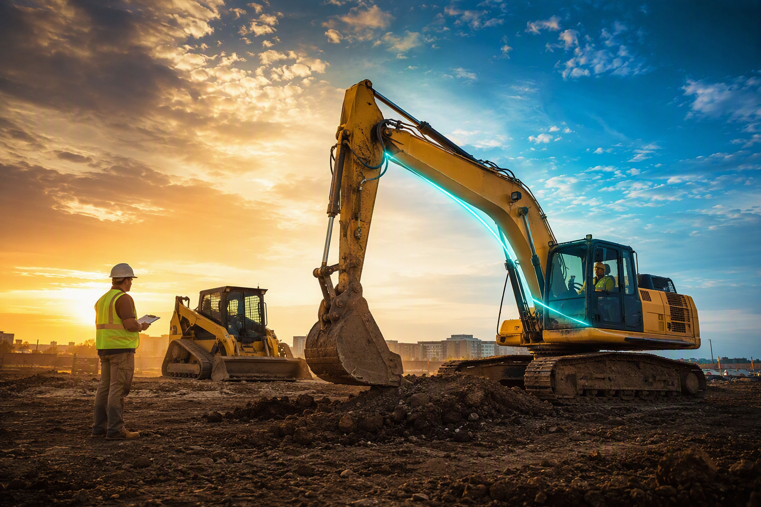 Hydraulic excavator and compact track loader working on a graded commercial construction site at golden hour