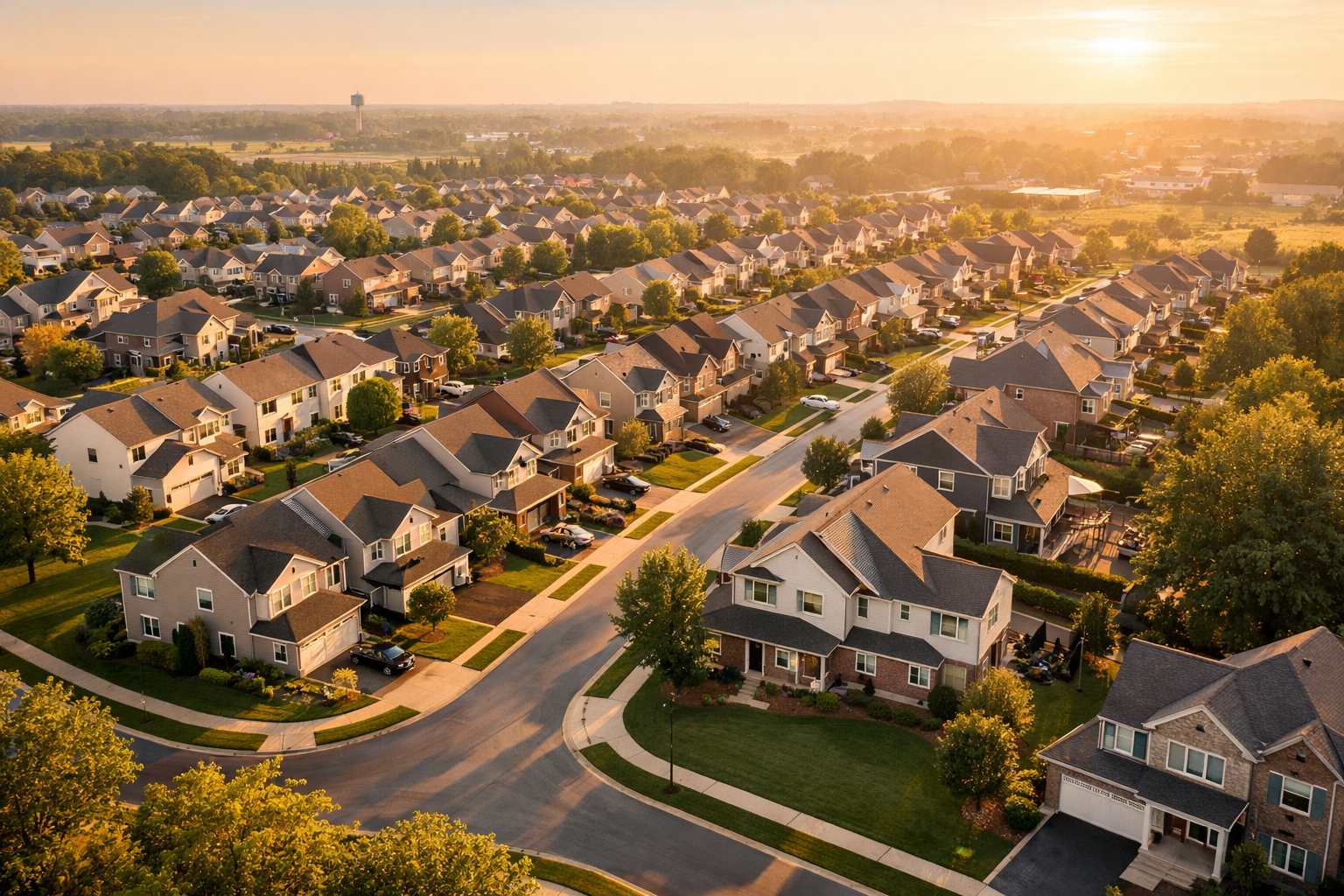 Aerial view of a suburban neighborhood representing the housing market