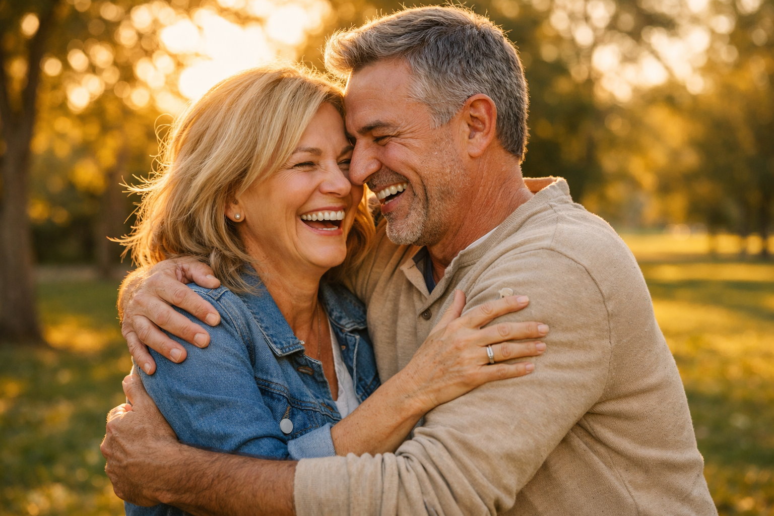 Happy mature couple embracing outdoors in golden hour light
