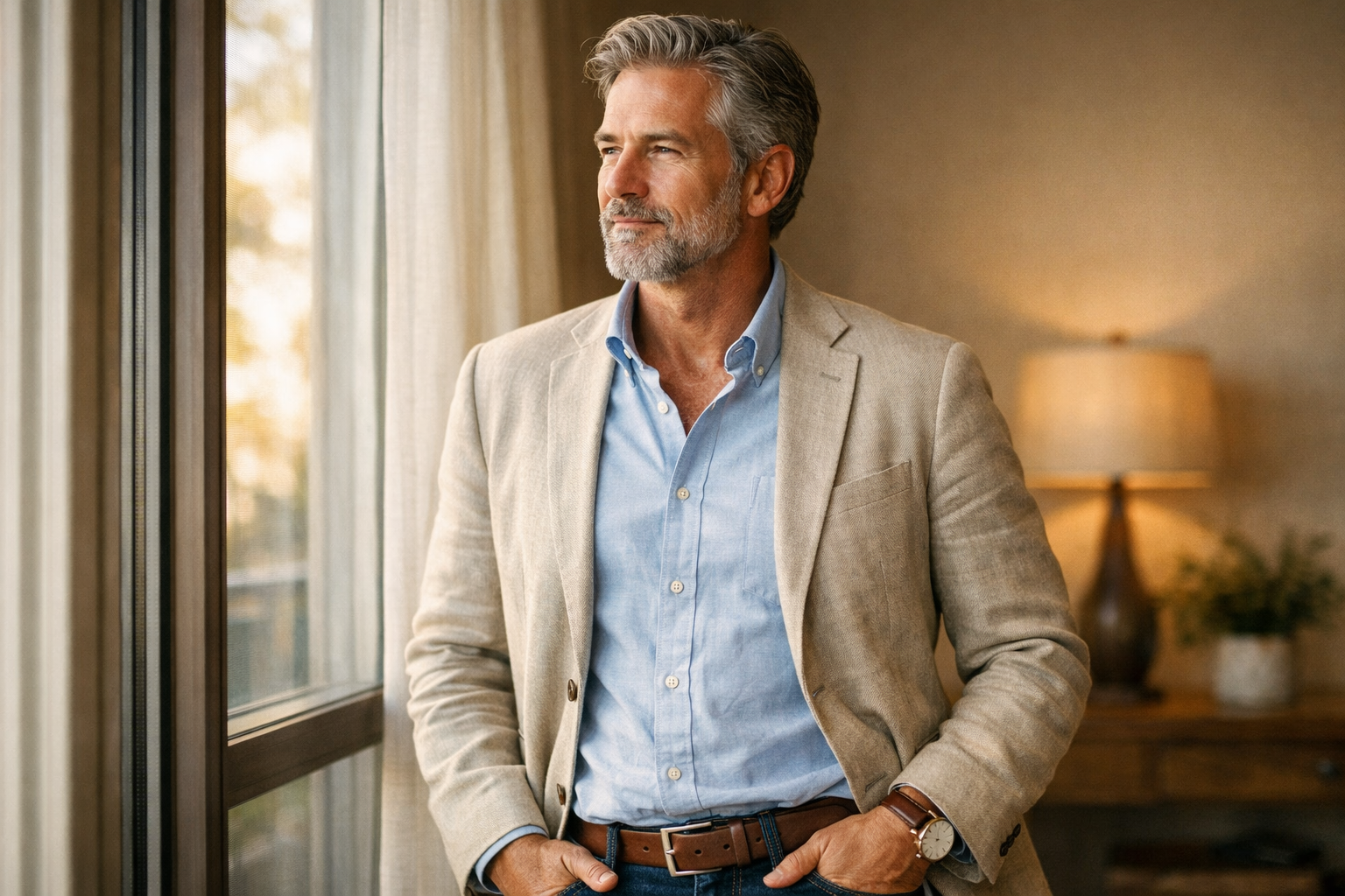 Confident mature man standing by window in morning light