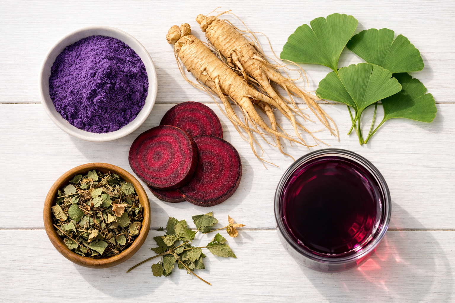 Flat lay of natural ingredients including spirulina, beetroot, ginseng and ginkgo biloba