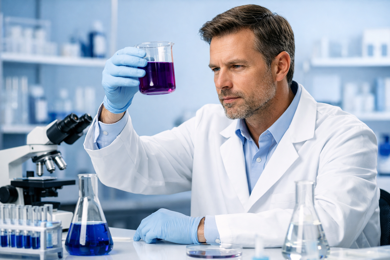 Scientist examining a beaker of deep purple liquid in a modern laboratory
